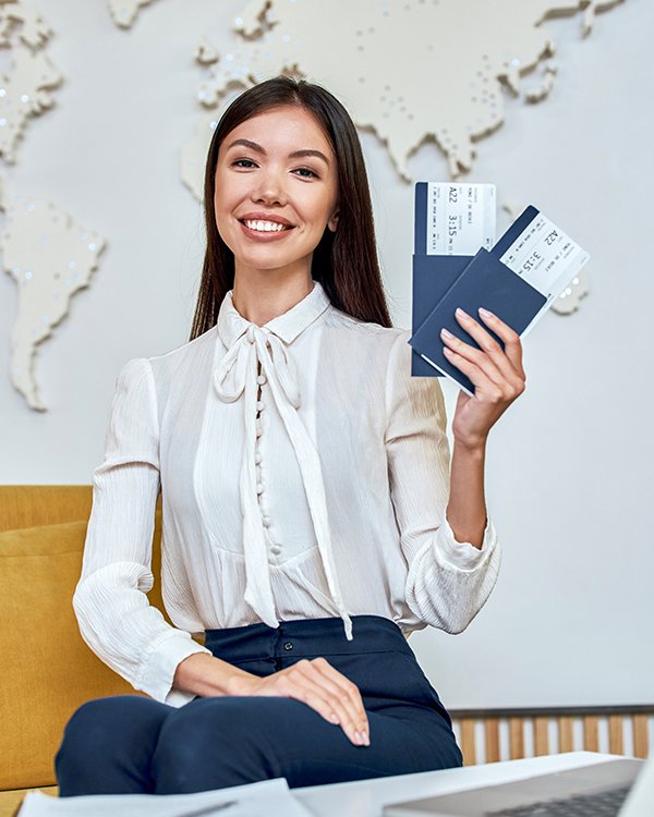 Client ready to travel with passport and tickets